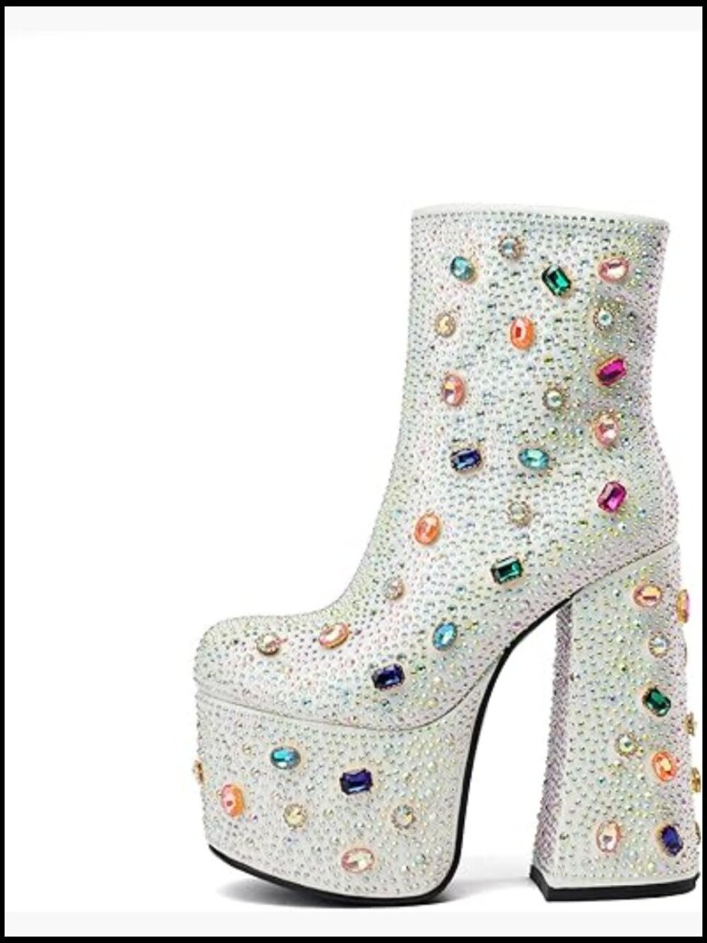Embellished White Platform Ankle Booties with Multicolor Gems